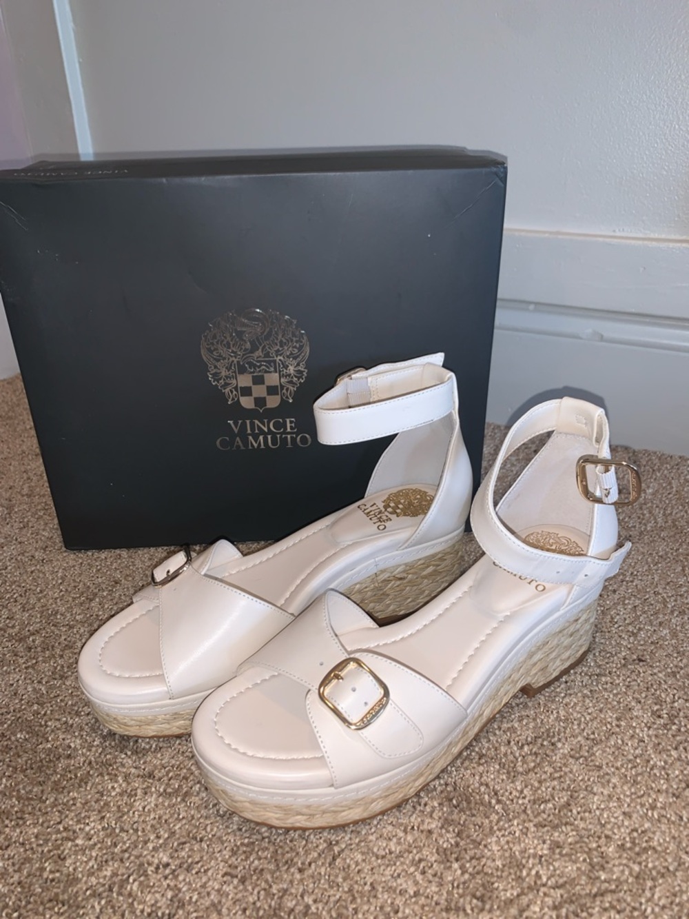 Vince Camuto White Espadrille Wedge Sandals with Gold Buckles- Meterry